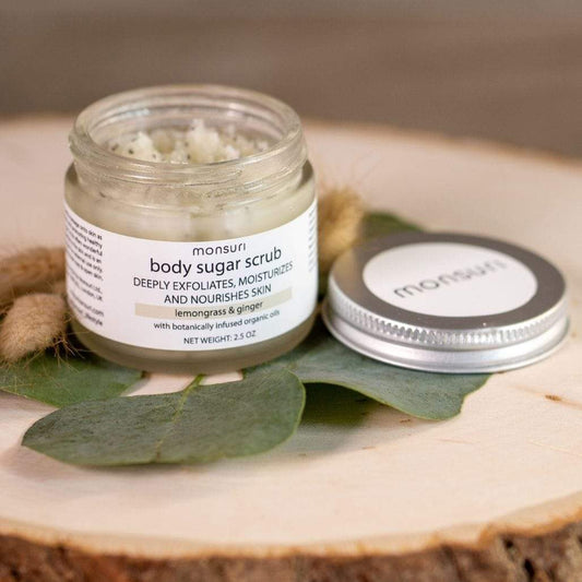 Experience deep skin moisturization with Monsuri Lemongrass & Ginger Scrub